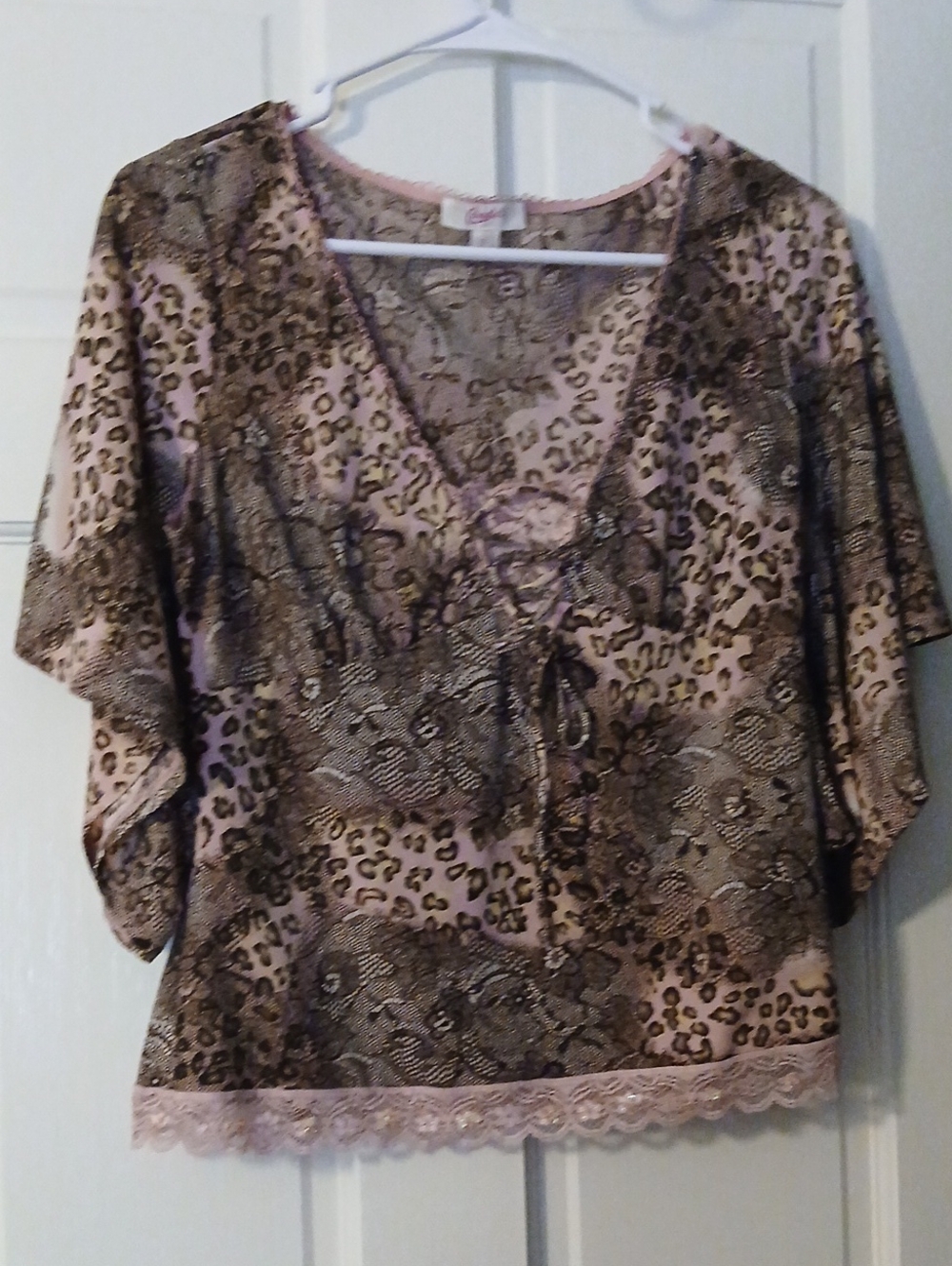 Candie's Pink and Brown Lace-Trim V-Neck Blouse